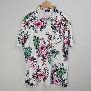 Sunday Swagger‎ XL Floral Polo Shirt White Pink Green Tropical Golf Stretch